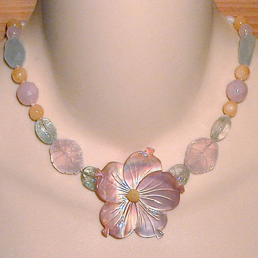 Pink MOP Flower Necklace w/ Rose Qtz, Aquamarine, Jade & Amber